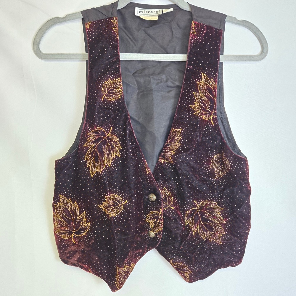 Mirrors Velvet Autumn Vest Burgundy Gold Leaf Pattern Medium Vintage Boho Artsy